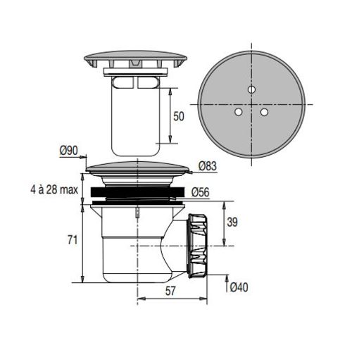Bonde de douche à capot métal rond 120 mm pour douche D90 sortie horizontale VALENTIN 00 568000 000 00 photo du produit
