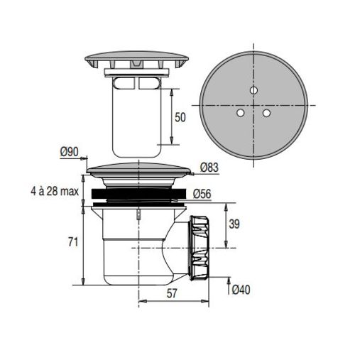 Bonde de receveur à capot métal rond 120mm pour douche D90 sortie horizontale - VALENTIN - 00 568000 000 00 pas cher Secondaire 1 L