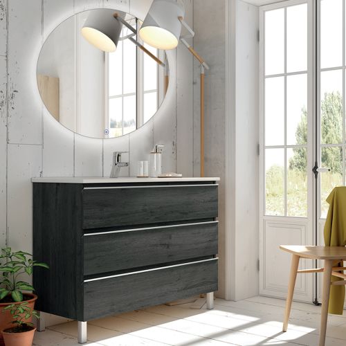 Meuble de salle de bain simple vasque 3 tiroirs PALMA et miroir rond Led SOLEN ebony (bois noir) 60 cm COSYNEO - ING3CPALMA60SOLENEBO photo du produit