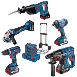 Pack de 5 outils 18V Bosch (GSB60/GBH21/GWS10/GDR160/GSA) + 2 batteries 4 Ah + 2 batteries 2 Ah + chargeur + diable photo du produit Principale M