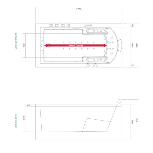 Baignoire balnéo rectangulaire NEOS 170 IPOWER droite 51 jets - THALASSOR - NEOS170D-IP pas cher Secondaire 10 L