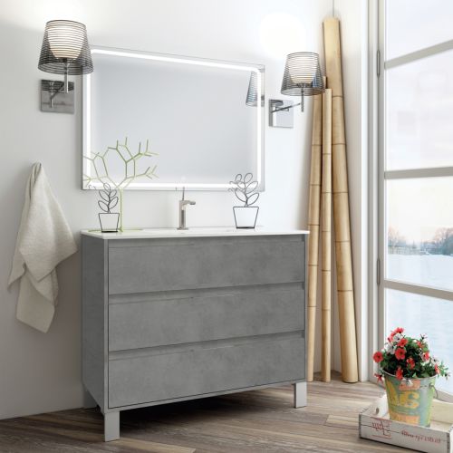 Meuble de salle de bain simple vasque 3 tiroirs TIRIS 3C et miroir Led VELDI ciment (gris) 100cm - COSYNEO - SIRTIRIS100VELDICIM pas cher