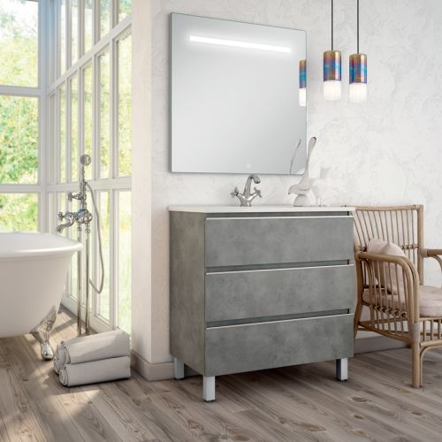 Meuble de salle de bain simple vasque 3 tiroirs PALMA et miroir Led STAM ciment (gris) 100cm - COSYNEO - ING3CPALMA100STAMCIM pas cher