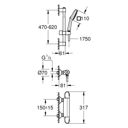 Ensemble douche thermostatique Grohtherm 1000 + Tempesta Cube 110 8 l 1 jet GROHE 34825002 photo du produit