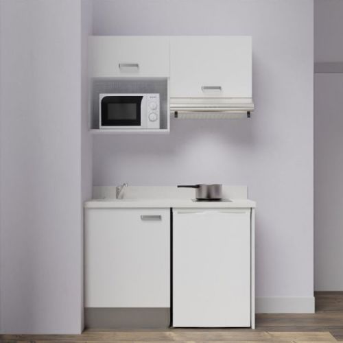 Kitchenette K02L 120cm avec plan monobloc, emplacement frigo, hotte et micro-ondes chêne/snova (blanc) évier à gauche - CUISIBANE - K02CH-P120SN-G pas cher Secondaire 1 L