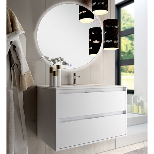 Meuble de salle de bain simple vasque 2 tiroirs IRIS et miroir rond Led SOLEN blanc 80cm - COSYNEO - SIRIRIS80SOLENBLA pas cher
