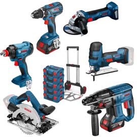 Pack de 6 outils 18 V Bosch (GSR28/GBH21/GWS7/GKS57/GST18/GDX18) + 4 batteries 4 Ah + chargeur + diable photo du produit Principale M