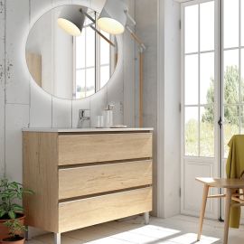 Meuble de salle de bain simple vasque 3 tiroirs PALMA et miroir rond Led SOLEN bambou (chêne clair) 60cm - COSYNEO - ING3CPALMA60SOLENBAM pas cher Principale M