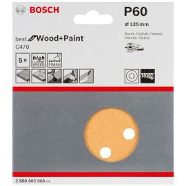 5 disques abrasifs Bosch C470 Best for Wood+Paint 125 mm 8 trous G60 pour ponceuses excentriques - 2608605068 pas cher Principale M
