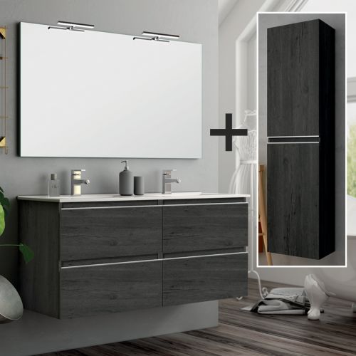 Ensemble meuble de salle de bain BALEA 140cm double vasque + colonne de rangement ebony (bois noir) - COSYNEO - INGBALEA140COLEBO pas cher
