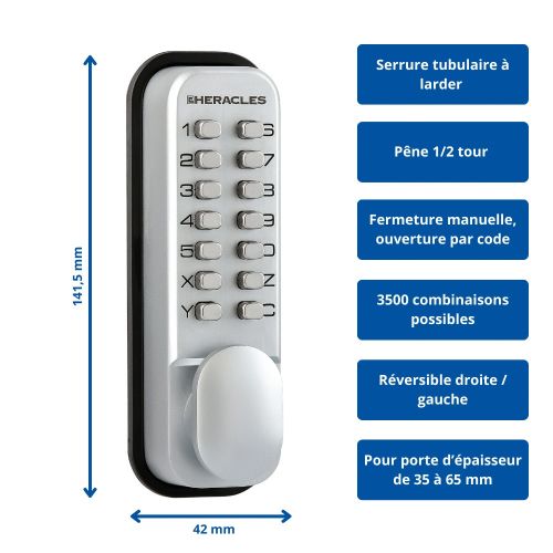 Verrou à code mécanique avec pêne dormant en applique - réversible - pour  porte épaisseur 32 à 55 mm