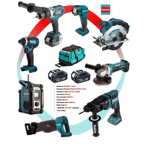 Pack de 8 outils Makita 18 V (DSS610/DML185/DGA452/DHR182/DJR186/DMR107/DTD152/DHP458) 3x4 Ah photo du produit