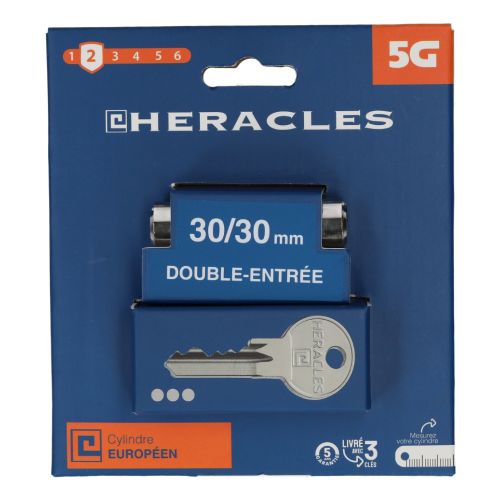 Cylindre &agrave; double entr&eacute;e 5 goupilles 5G 30 x 30 mm &agrave; panneton r&eacute;duit PM2 laiton nickel&eacute; 3 cl&eacute;s sur carte HERACLES ZL-C100010PM2 photo du produit