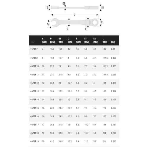 Clé mixte à cliquet articulée métrique diamètre 19mm longueur 216mm - FACOM - 467BF.19 pas cher Secondaire 2 L