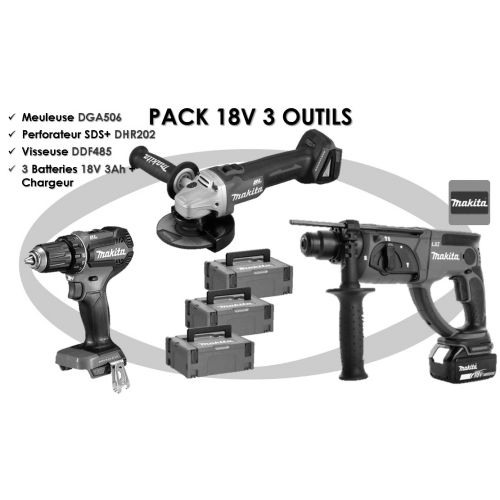 Pack 18V 3 outils (DDF485/DGA506/DHR202) + 3 batteries 3Ah + chargeur en coffret MAKPAC - MAKITA pas cher