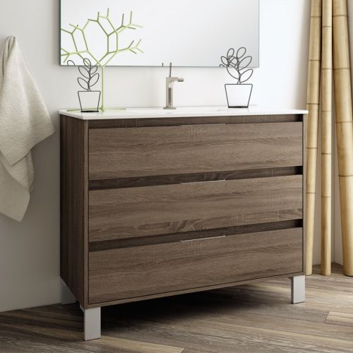 Meuble de salle de bain 80cm simple vasque 3 tiroirs sans miroir TIRIS 3C britannia (chêne foncé) - COSYNEO - SIR3TIRIS80BRIB pas cher