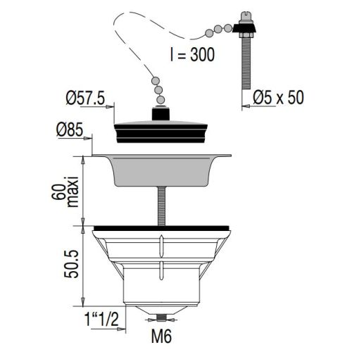 Bonde d’évier PVC D60 55l/min avec bouchon-chaînette - VALENTIN - 00 701500 000 00 pas cher Secondaire 1 L