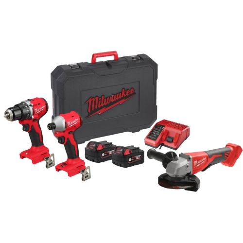 Pack 3 outils 18 V M18 (BLDDRC + BLIDRC + BLSAG125XPD) + 2 batteries 5 Ah + chargeur + coffret MILWAUKEE photo du produit