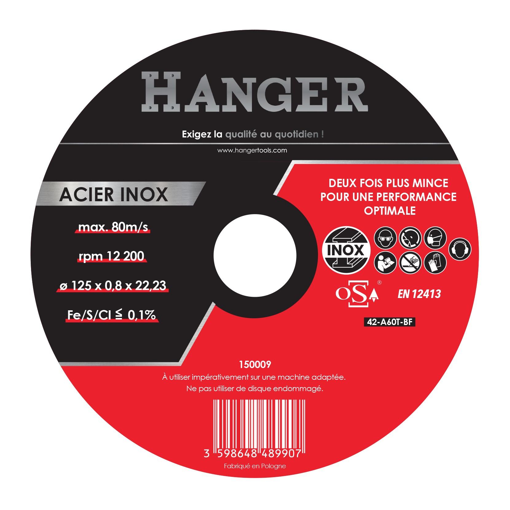 Disque à tronçonner acier/inox 125 x 0,8 mm déporté HANGER 150009