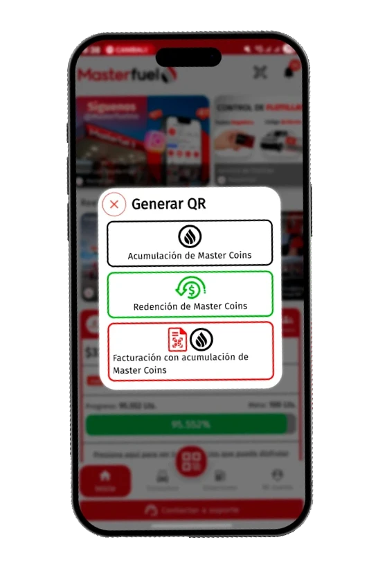 Pantalla de la app Masterfuel mostrando el código QR de Mastercoins