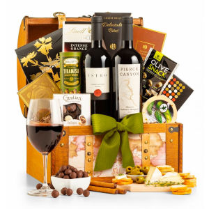 Red Wine Gift Basket with Snacks in a Chest