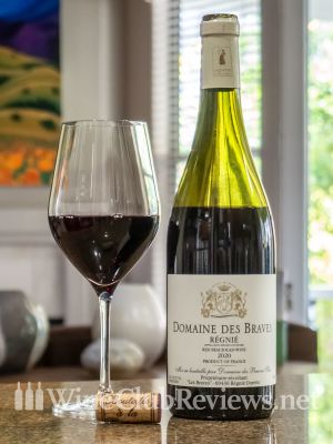 Domaine des Braves Régnié 2020 Front of bottle with glass of wine