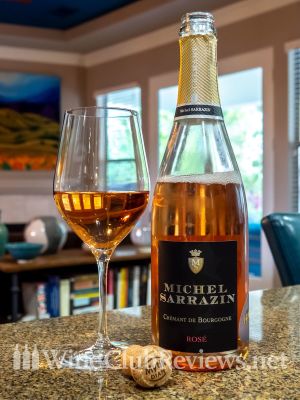 Michel Sarrazin, Crémant de Bourgogne Rosé NV Front of bottle with glass of wine