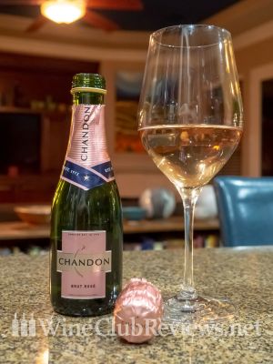 Chandon Brut Rosé Front of bottle with glass of wine