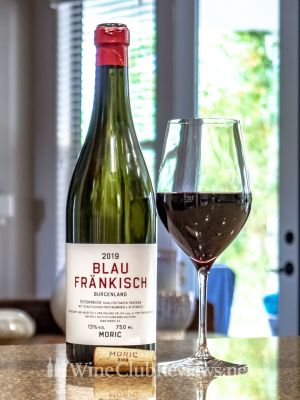 Moric Blaufränkisch Front of bottle with glass of wine