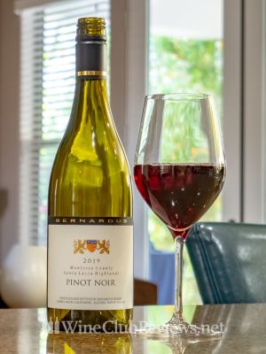 Bernardus Winery Pinot Noir front of bottle with glass of wine