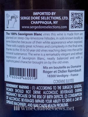 Roger et Didier Raimbault Vieilles Vignes Sancerre back label