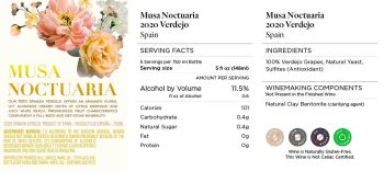 Back label and nutritional details for Musa Noctuaria wine