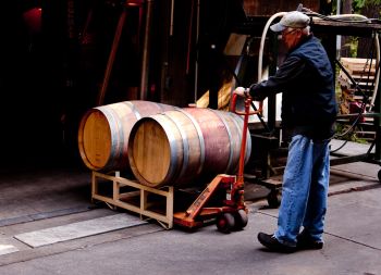 Winemaker Don Corson working with barrels in the winery