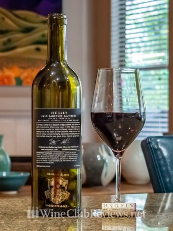 Hersly Lazare Vineyard Cabernet Sauvignon: front of bottle with wine in glass