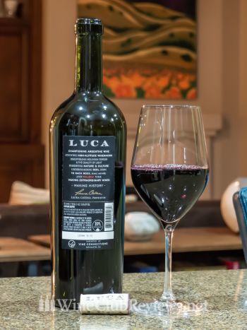 Luca Old Vine Malbec: front of bottle with wine in glass