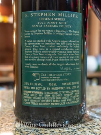 F. Stephen Millier Legend Series Santa Barbara Pinot NoirBack Label