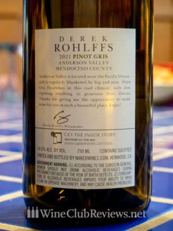 Derek Rohlffs Pinot GrisBack Label