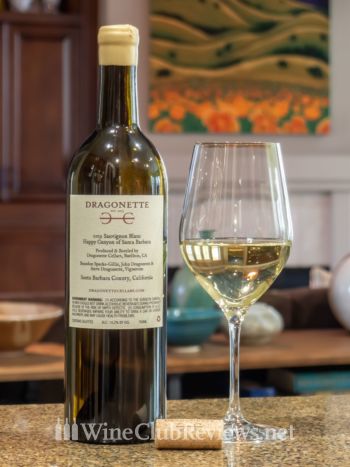 Dragonette Cellars Happy Canyon Sauvignon Blanc: front of bottle with wine in glass