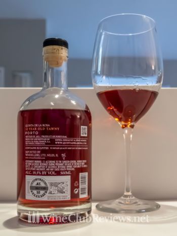 20-Year Old Tawny Port (500mL): front of bottle with wine in glass