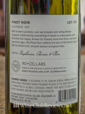 California Pinot Noir Lot 179Back Label