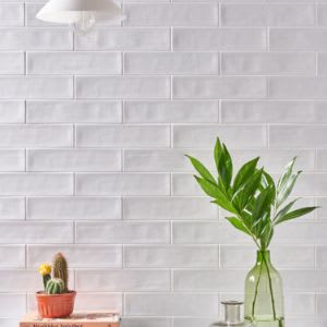 A white tiled wall with a plant and a vase.