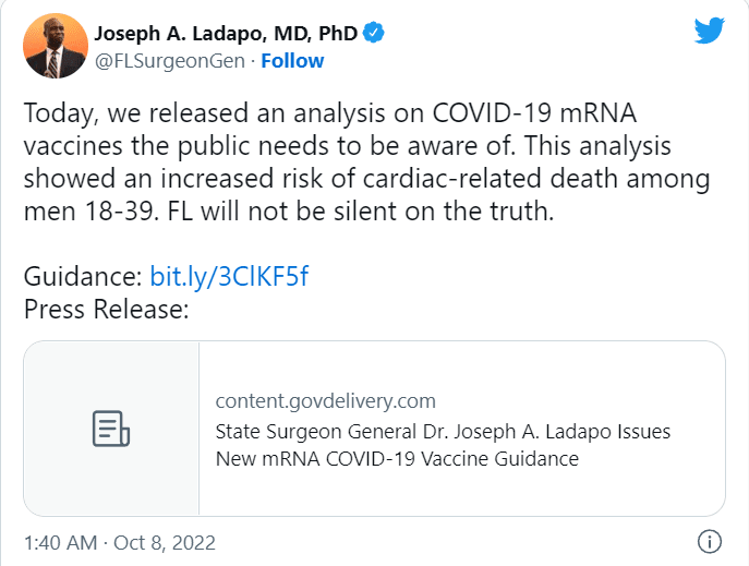 Twitter censors FL surgeon general after guidance against COVID injection for young men