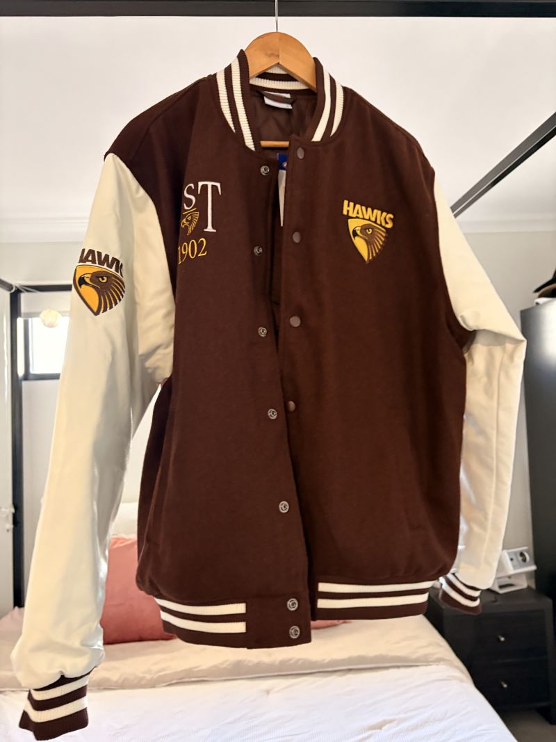 Hawthorn Hawks Mens Script Varsity Jacket Size:L Customer Photo