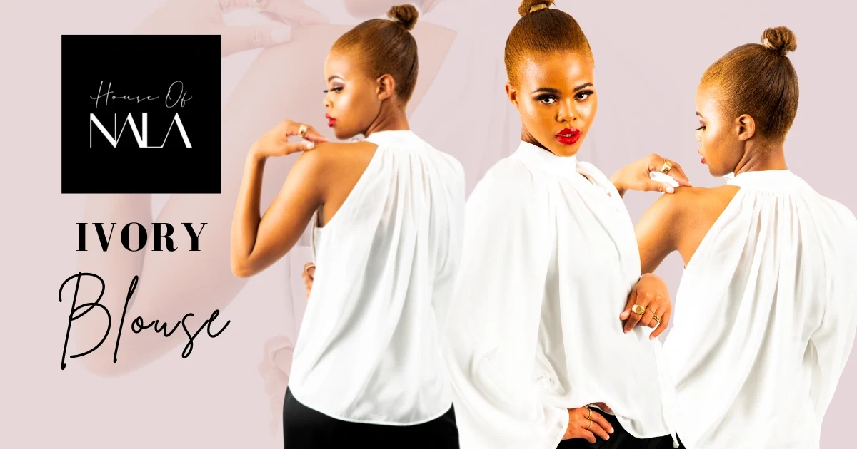 The House of Nala Ivory Blouse. Off-white chiffon asymmetrical blouse with exaggerated sleeves, pussy bow, and exposed arm.