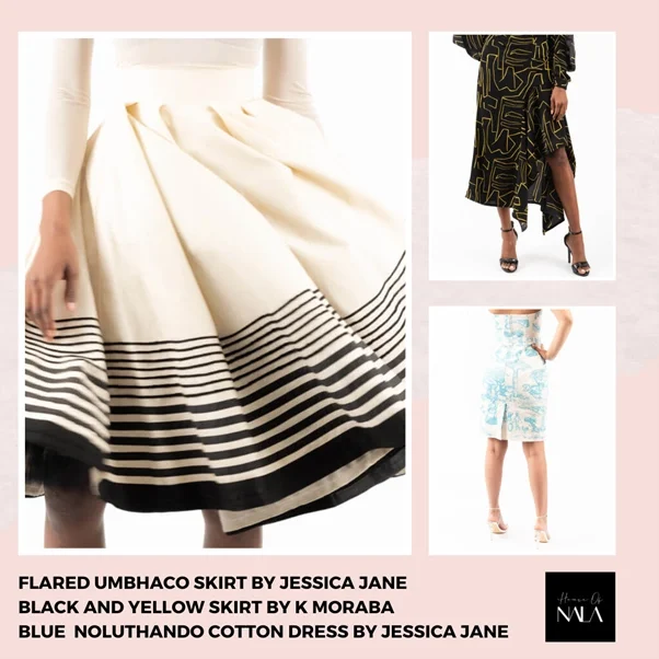 Flared Umbhaco skirt by Jessica Jane
Black and yello skirt by K Moraba
Blue Noluthando cotton dress by Jessica Jane