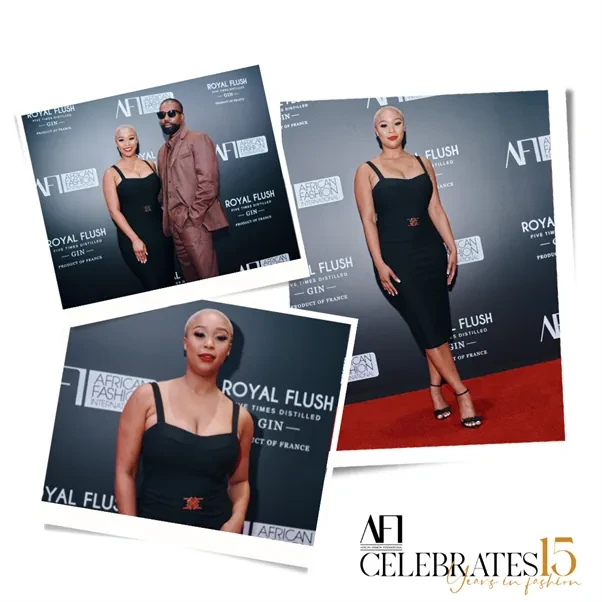 oburg Fashion Week - A collage of an African woman and an African man at a party. The woman is wearing a body-hugging black dress standing on a red carpet with a black and white backdrop.