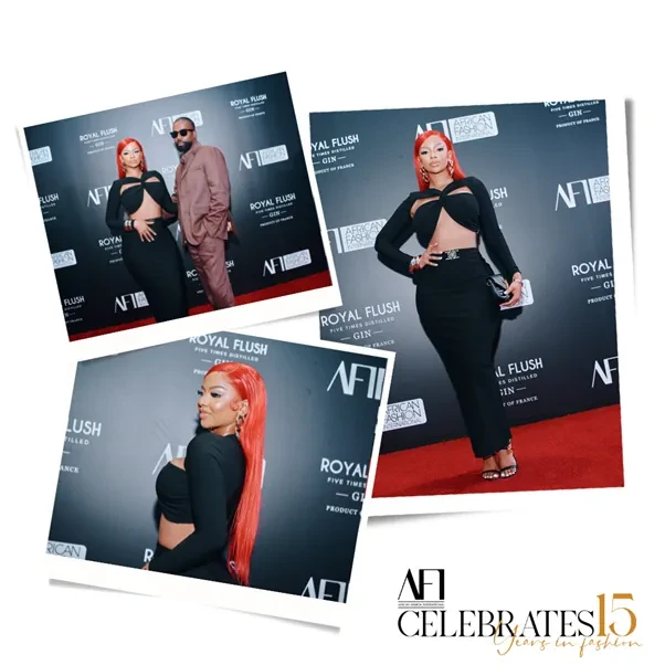 A collage of an African woman and an African man at a party. The woman is wearing a body-hugging black dress standing on a red carpet with a black and white backdrop.