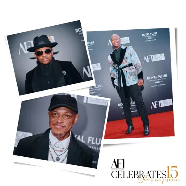 oburg Fashion Week - A collage of three African men at a party. They are standing on a red carpet with a black and white backdrop.