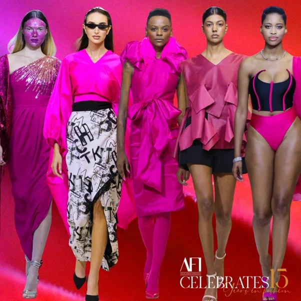 A graphic on a reddish-pink background with five models in a collage wearing various shades of pink.