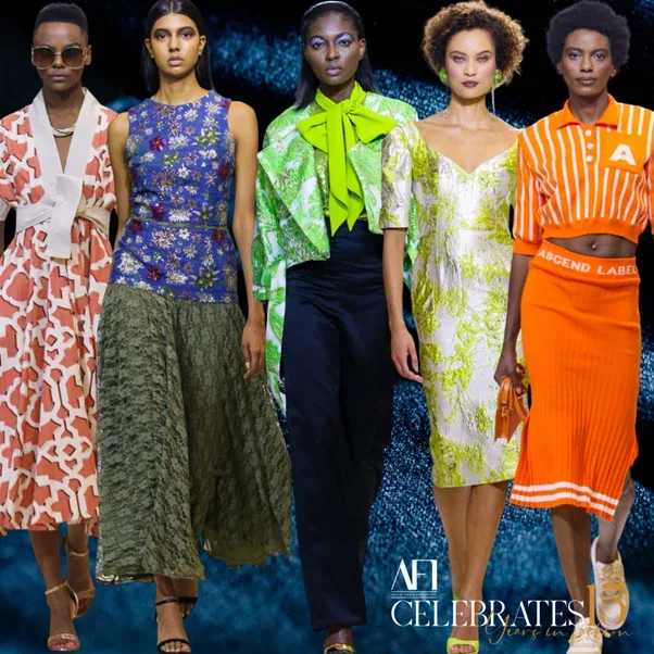 A graphic on a blue velvet background with five models in a collage wearing various luxe fabric garments